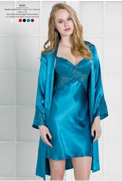 Pierre Cardin 4050 Saten Dantel Gecelik Sabahlık Takım