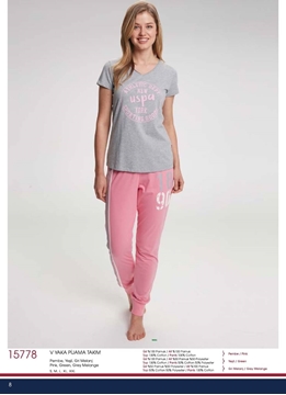 US Polo 15778 V Yaka Bayan Pijama Takım